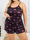 Aria's Closet Büyük Beden Siyah Kalp Desen İnce Askılı Pamuklu Şortlu Pijama Takımı