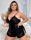 Aria's Closet Büyük Beden Siyah Yırtmaç Dantel İşlemeli Saten Şortlu Takım