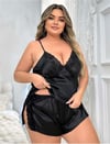 Aria's Closet Büyük Beden Siyah Yırtmaç Dantel İşlemeli Saten Şortlu Takım