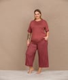 Arias Closet Büyük Beden Viskon Şık Tasarım Kelebek Desenli Bordo Kısa Kol Kapri Takım