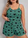 Aria's Closet Büyük Beden Yeşil Kalp Desen Pamuklu Şortlu Pijama Takımı