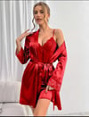 Aria's Closet Dantel İşlemeli İnce Askılı Kırmızı Saten 2'li Gecelik Sabahlık Takımı