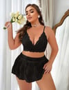 Arias Closet Özel Tasarım Büyük Beden Siyah Dantel İşlemeli Fantezi Mini Etekli Sütyen Takımı