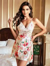 Arias Closet Özel Tasarım Çiçek Desenli İnce Askılı Dantel İşlemeli Mini Saten Gecelik