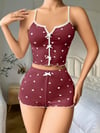 Aria's Closet Pamuklu Kahverengi Üstüne Beyaz Kalp Desen Fitilli Askılı Şortlu Pijama Takımı