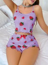 Aria's Closet Pamuklu Lila Üstüne Çilek Desen Fitilli Askılı Şortlu Pijama Takımı