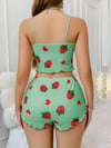 Aria's Closet Pamuklu Yeşil Üstüne Çilek Desen Fitilli Askılı Şortlu Pijama Takımı