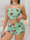Aria's Closet Pamuklu Yeşil Üstüne Çilek Desen Fitilli Askılı Şortlu Pijama Takımı