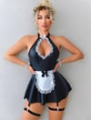 Aria's Closet Siyah Göğüs Dekolteli Boyundan Bağlamalı Mini Etekli Fantezi Deri Hizmetçi Kostümü