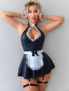 Aria's Closet Siyah Göğüs Dekolteli Boyundan Bağlamalı Mini Etekli Fantezi Deri Hizmetçi Kostümü