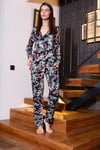 Çiçek ve Yaprak Desenli Düğmeli Gömlek Yakalı Saten Pijama Takımı