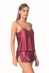 Primoda Bordo Saten Babydoll Şort Takımı