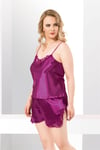 Primoda Büyük Beden Mor Saten Babydoll Şort Takımı