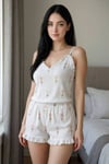 Şık Tasarım Beyaz Üstüne Çiçek Desenli Askılı Şortlu Pijama Takımı
