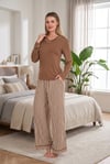 Şık Tasarım V Yaka Biyeli Viskon Geniş Paçalı Çizgili 2'li Loungewear Pijama Takımı