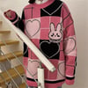 Harajuku Rabbit Friend Şerit Ve Sembol Detaylı Pembe Oversize Kazak
