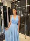 BEBE MAVİ ETEĞİ PLİSELİ ŞİFON UZUN ABİYE