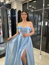 bebe mavi uzun gül detaylı abiye