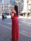 Bordo Taşlı Korseli Taş İşlemeli Lady yaka Uzun Abiye