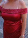 Bordo Taşlı Korseli Taş İşlemeli Lady yaka Uzun Abiye