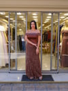 Kahverengi Korseli Taş İşlemeli Lady yaka Uzun Abiye