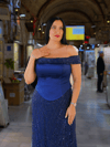 Lacivert Korseli Taş İşlemeli Lady yaka Uzun Abiye
