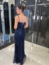 LACİVERT TAŞ İŞLEMELİ SIRTI İPLİ ABİYE