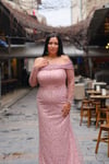Pudra Pembe Madonna Yaka Uzun Boy Büyük Beden Balık Abiye
