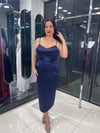 Saten Lacivert Midi Boy Balık Abiye 