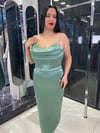 Saten Su Yeşili Midi Boy Balık Abiye 