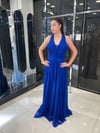 SAX MAVİ ETEĞİ PLİSELİ ŞİFON UZUN ABİYE
