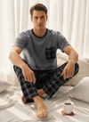 Erkek Kısa Kol Ekose Füme Pijama Takımı