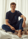 Erkek Kısa Kol Ekose Lacivert Pijama Takımı