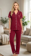 Önden Düğmeli Kadın Bordo Pijama Takımı