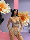 Simli Çiçek Desenli Destekli Ten Bustiyer Takım (682T)