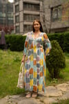 Ebruli Desen Detaylı Kadın Uzun Elbise
