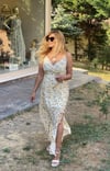 Sarı Çiçek Desenli Yırtmaçlı Elbise