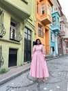  Tesettür Pembe Puantiyeli Kloş Elbise