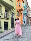  Tesettür Pembe Puantiyeli Kloş Elbise