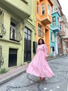  Tesettür Pembe Puantiyeli Kloş Elbise