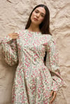 Bordo Çiçeklii Vintage Pileli Poplin Uzun Elbise