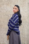 Çizgili Lacivert-Gri Oversize Triko Kazak