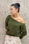 Haki Yeşil Kayık Yaka Triko Oversize Kazak