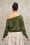 Haki Yeşil Kayık Yaka Triko Oversize Kazak