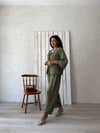 Haki Yeşil Keten Pantolon-Bağlamalı Bluz Takımı (2 li Takım) ,takım 