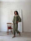 Haki Yeşil Keten Pantolon-Bağlamalı Bluz Takımı (2 li Takım) ,takım 