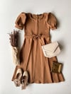 Karpuz Kollu Camel Krep Midi Boy Kloş Elbise