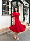 Karpuz Kollu Kırmızı Krep Midi Boy Kloş Elbise