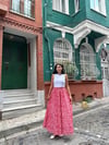Kırmızı Papatyalı Poplin Kloş Etek