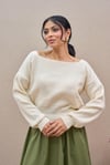 Krem Kayık Yaka Triko Oversize Kazak